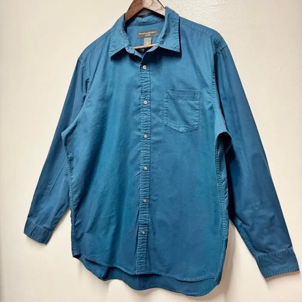 Banana Republic Classic Mens Large Teal Blue 100% Cotton Button Up Preppy Casual
